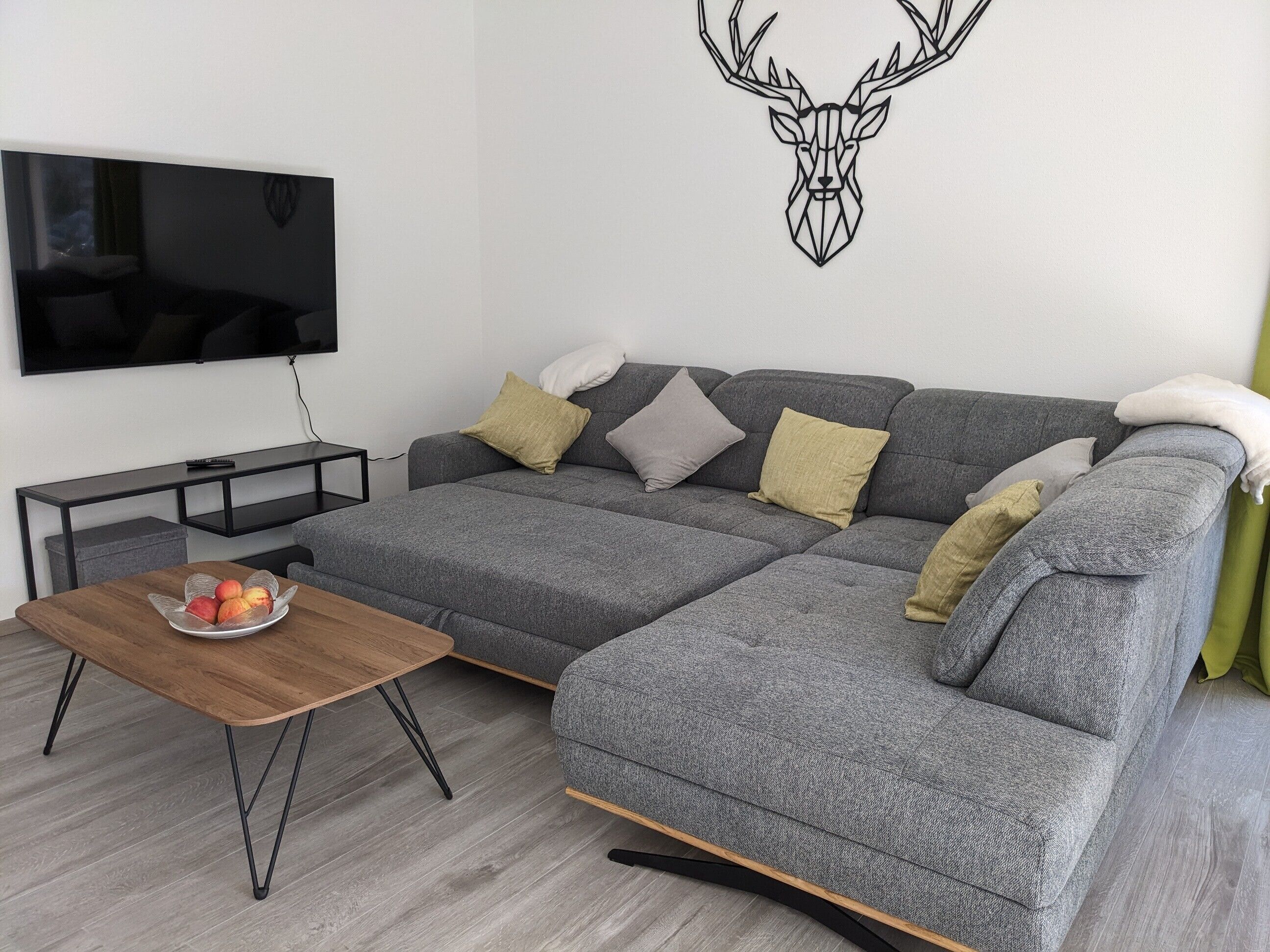 A modern living room with a grey sectional sofa, a wooden coffee table, a flat-screen TV, and a wall-mounted deer head decoration.