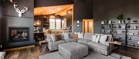 Fernseher, Kamin, Bücher, Videothek