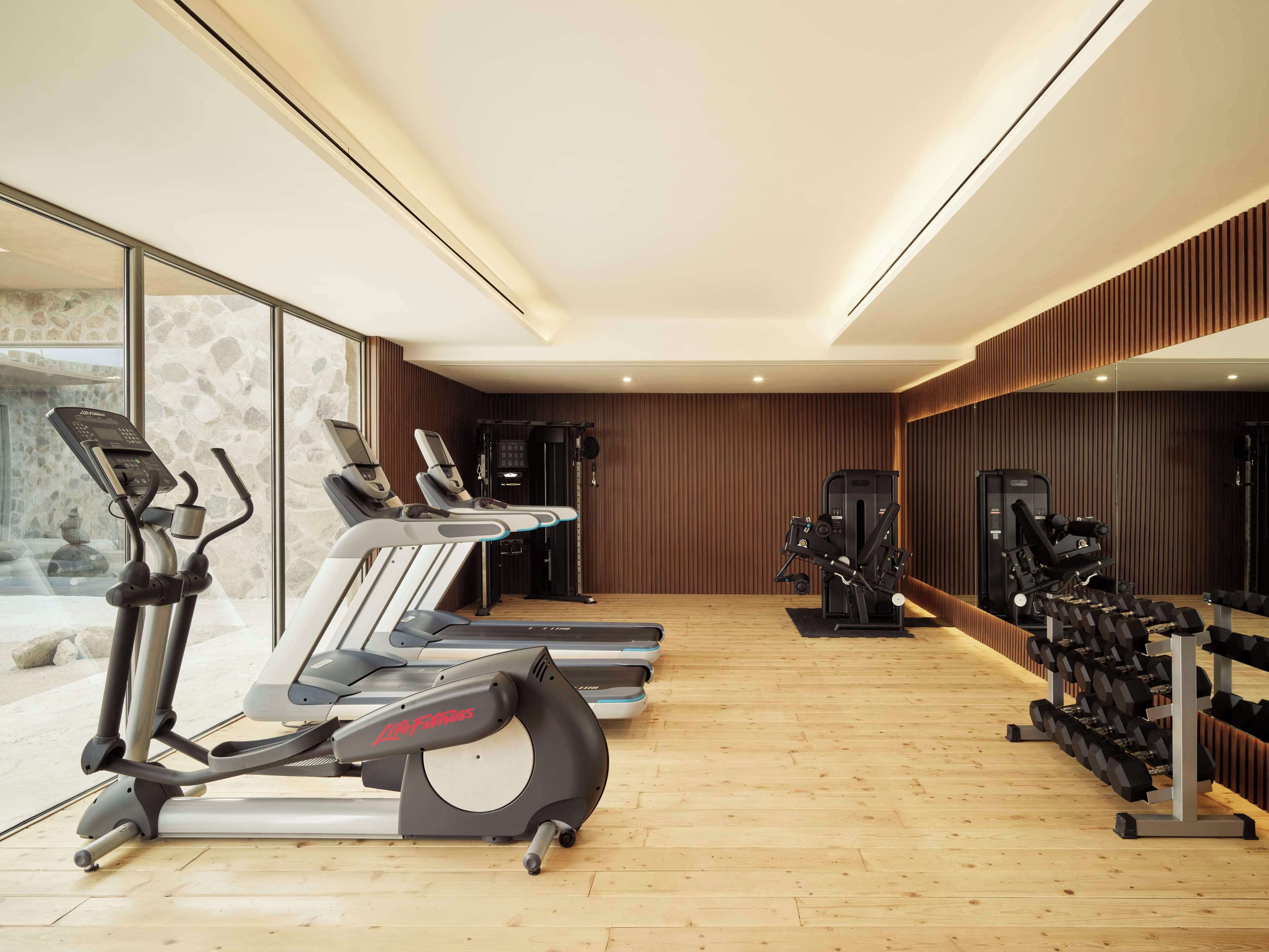 Un gimnasio con cintas de correr, elípticas y equipo de levantamiento de pesas.