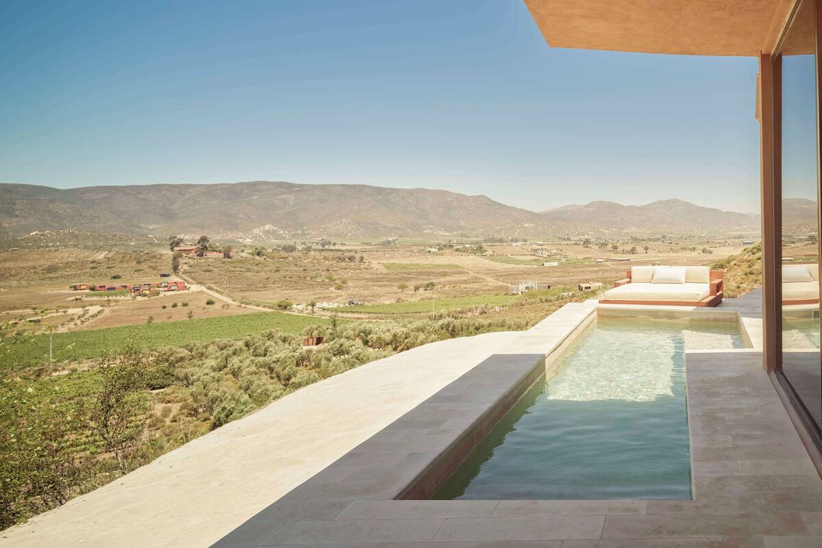 Una piscina con vistas a un viñedo y montañas lejanas.