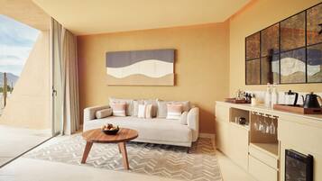 Harmony Sunrise Pool Villa | Living area | 55-inch Smart TV with satellite channels, fireplace, pay movies