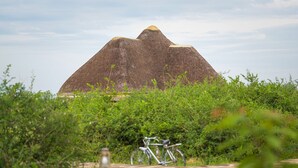 A large, conical structure surrounded by dense greenery, with a bicycle in the foreground. - Aardvark Safari Lodge (Kasese)