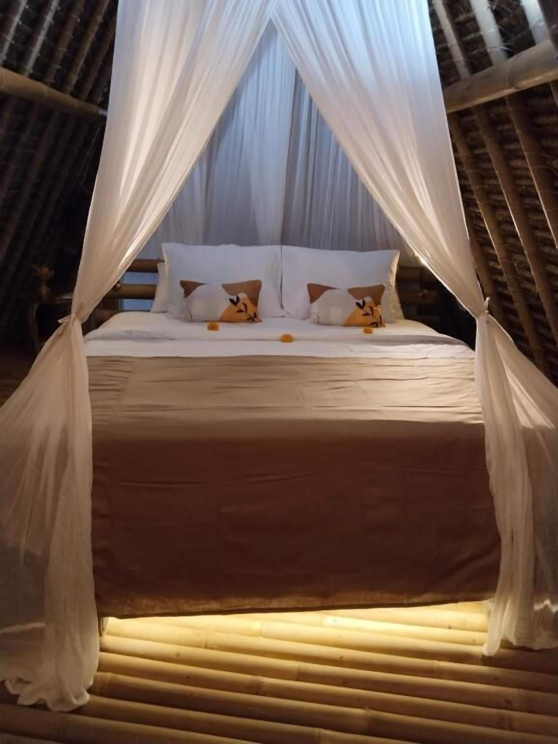 A bed with a canopy, pillows, and a wooden floor.