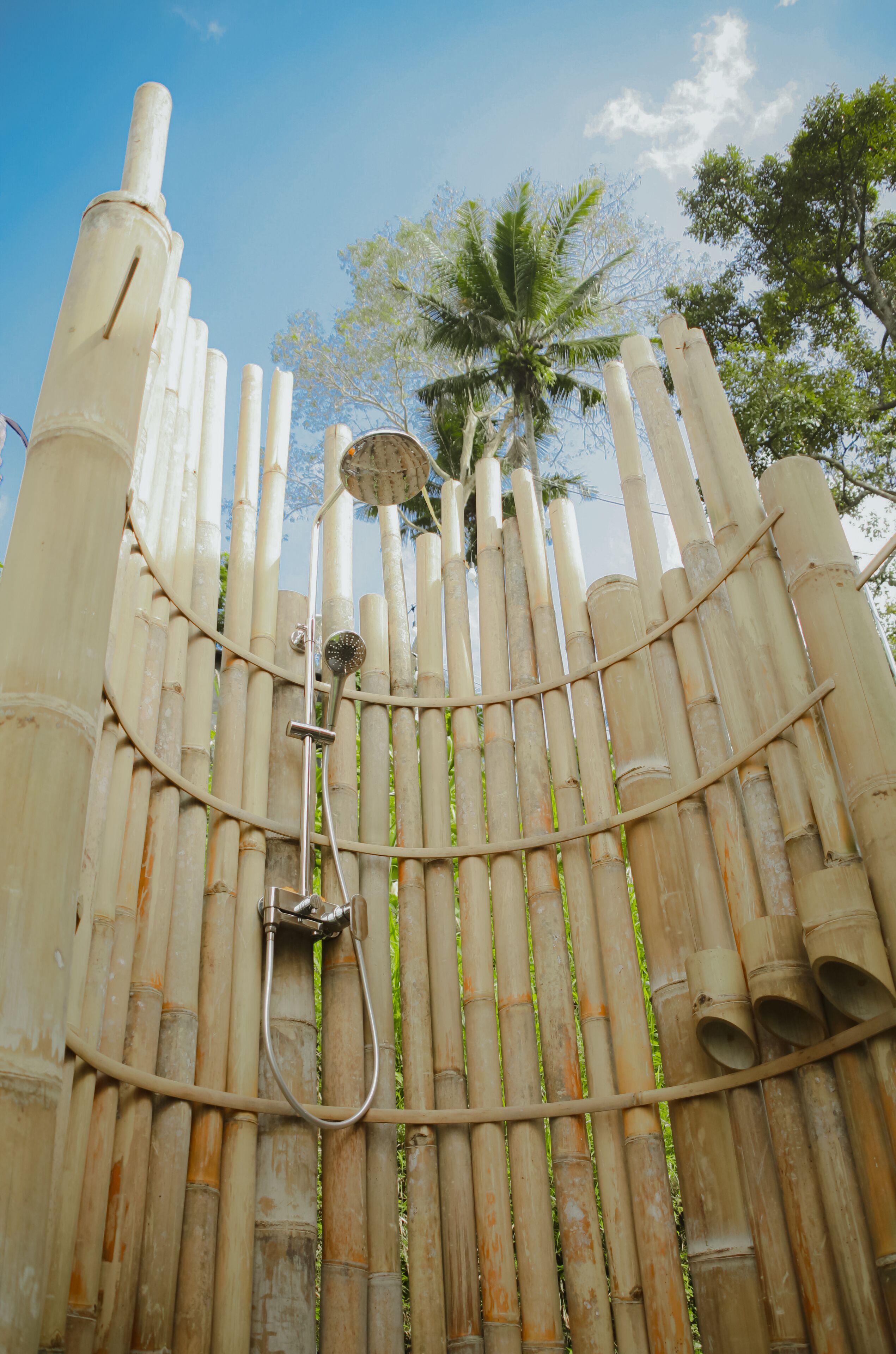 A bamboo fence with a showerhead.