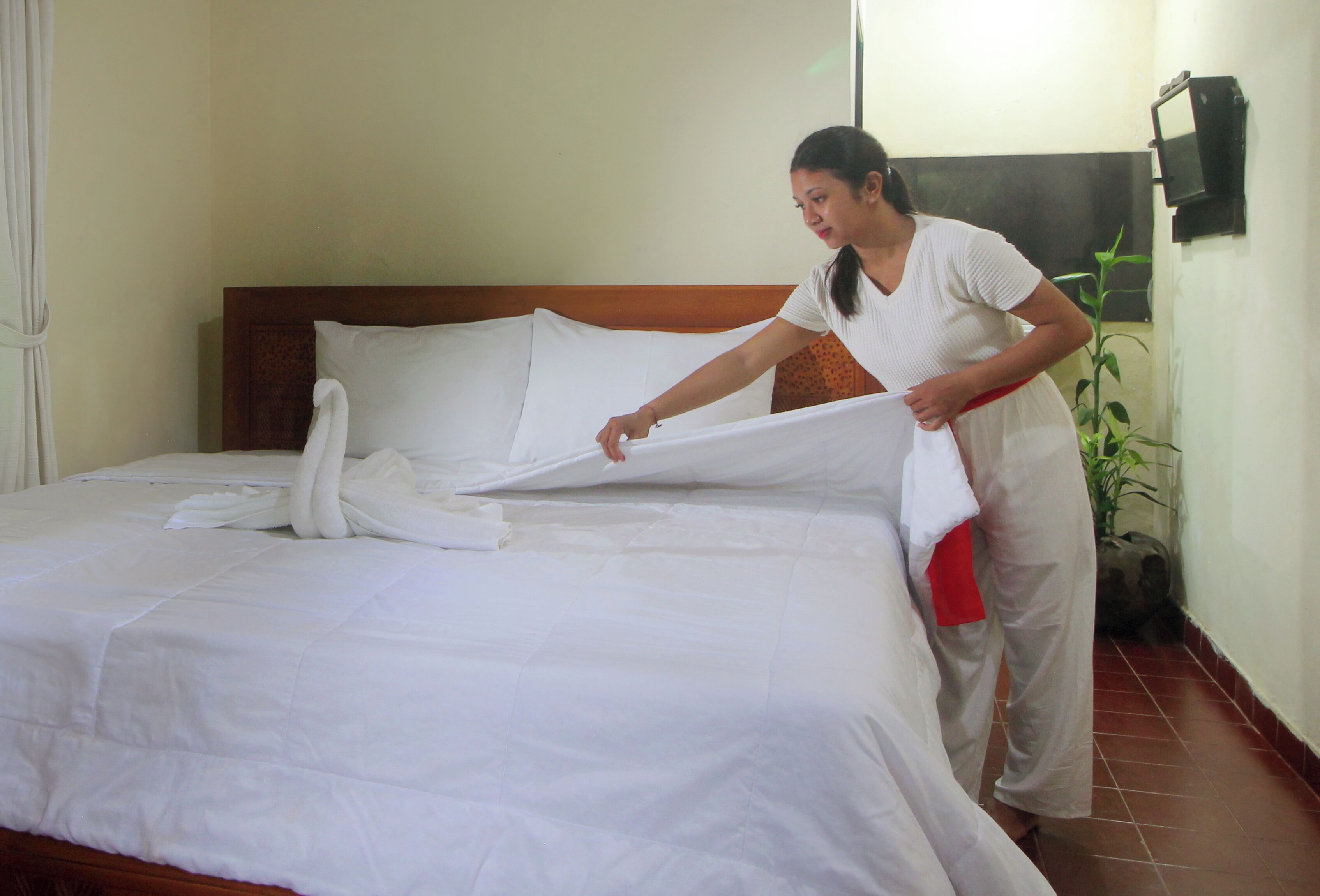 Een hotelkamer met een net opgemaakt bed, een houten hoofdeinde en een potplant.
