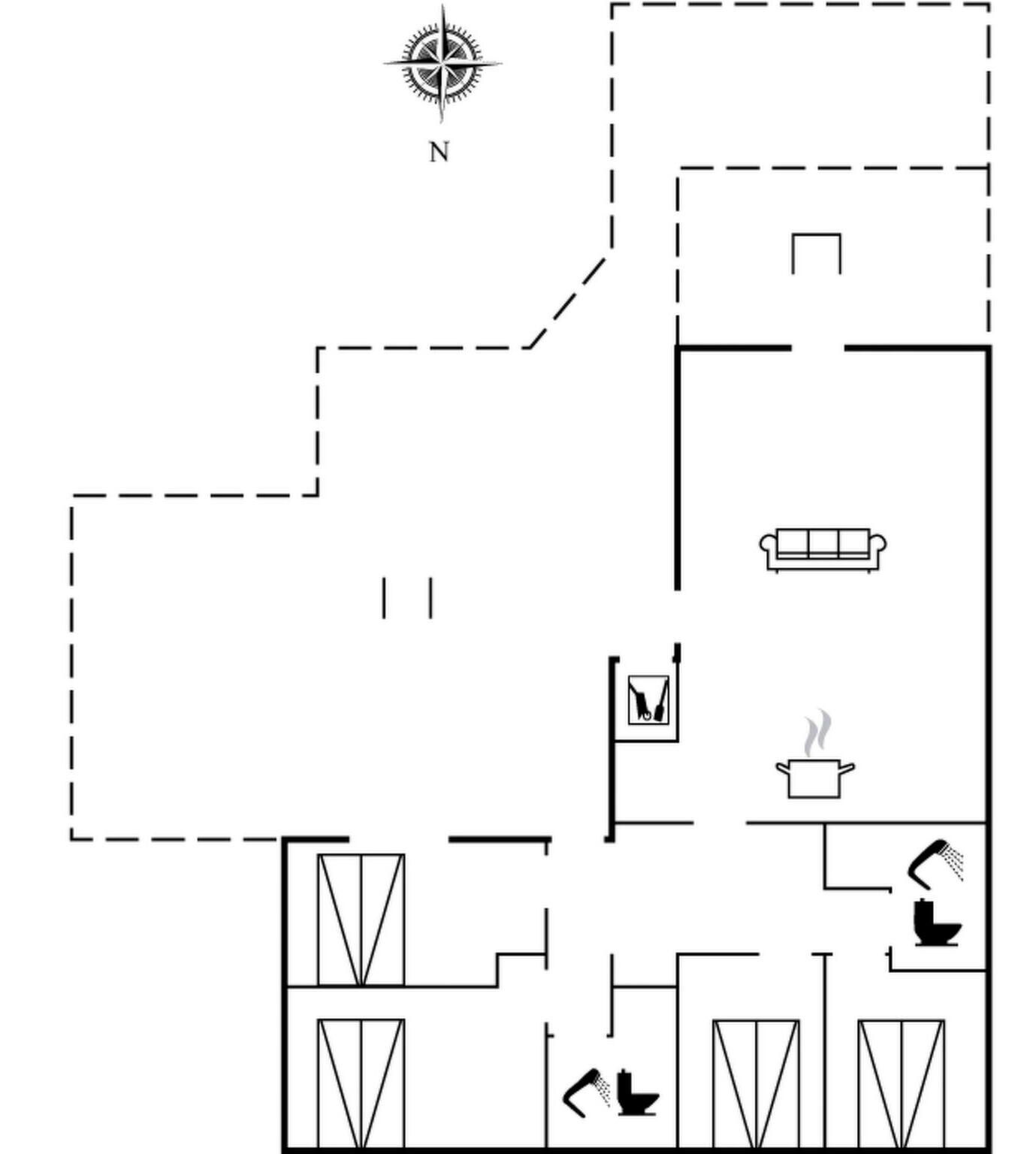 Un plan d’étage comprenant une cuisine, un coin repas et une salle de bain.