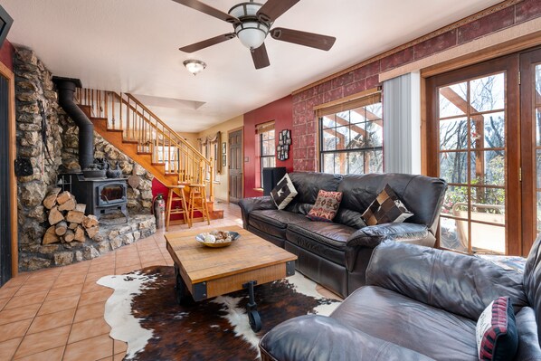 Smart TV, fireplace, DVD player, books