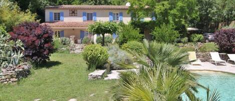A house with a swimming pool, surrounded by various plants and trees.