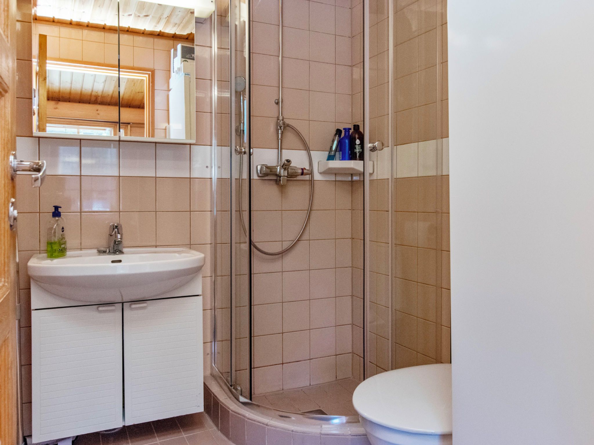 Une salle de bain avec un lavabo blanc, un miroir, une douche et des toilettes.