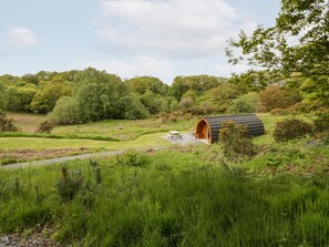 A rustic, single-story building with an arched entrance, surrounded by lush greenery and a small stream. - Llugwy Pod (Llanrwst)