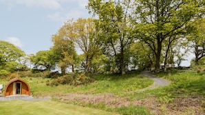 A rustic wooden cabin with a curved roof, surrounded by lush greenery and trees. - Llugwy Pod (Llanrwst)