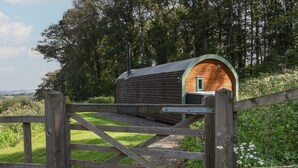 A wooden cabin with a green roof, surrounded by a wooden fence and lush greenery.