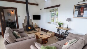Ein gemütliches Wohnzimmer mit Kamin, Sofas, einem Couchtisch und einem Fernseher.