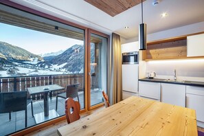 A modern kitchen with a view of a snowy mountain landscape.