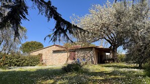 Un edificio de piedra con tejado de tejas, rodeado de un jardín con flores blancas y árboles.