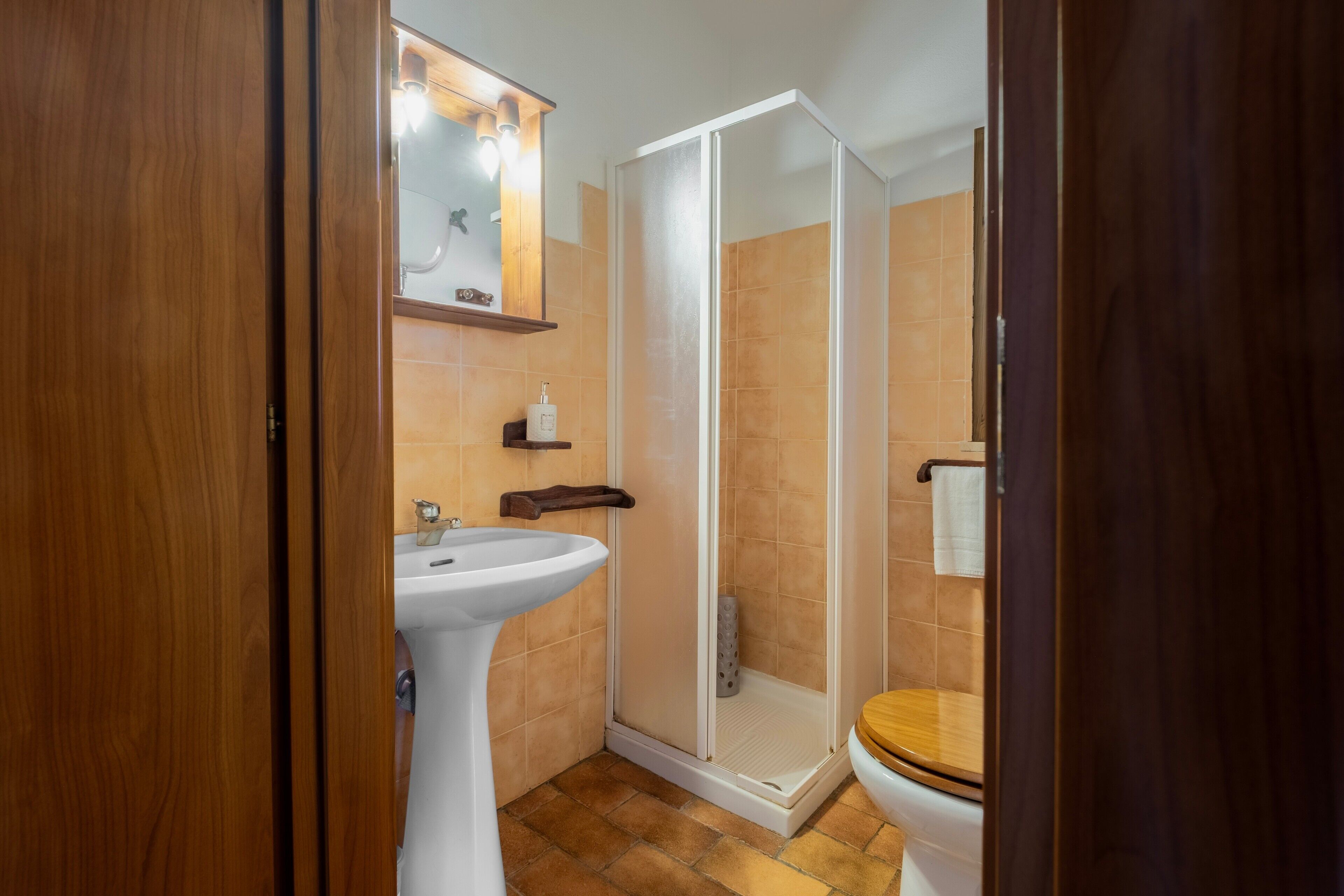 Un bagno con un lavandino bianco, un water in legno e una cabina doccia in vetro.