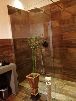 Habitació Comfort, 1 llit de matrimoni, no fumadors, vistes al turó | Bany | Dutxa, capçal de dutxa tipus cascada, assecador de cabells i sabatilles 