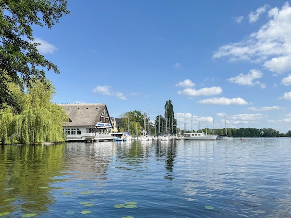 A riverside building with a thatched roof, docked boats, and a calm water body with lily pads.