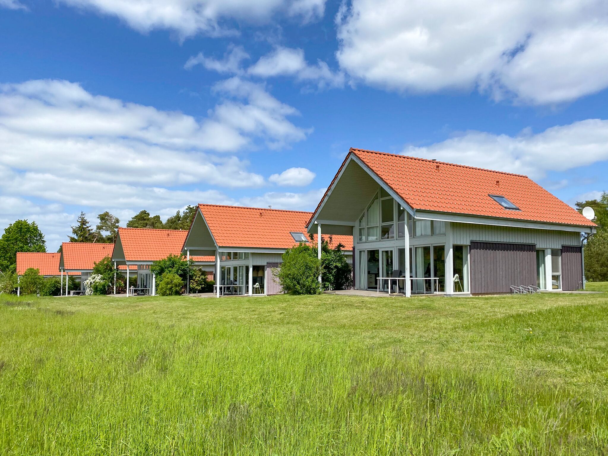 A row of modern buildings with red-tiled roofs, large glass windows, and a grassy field in the foreground.