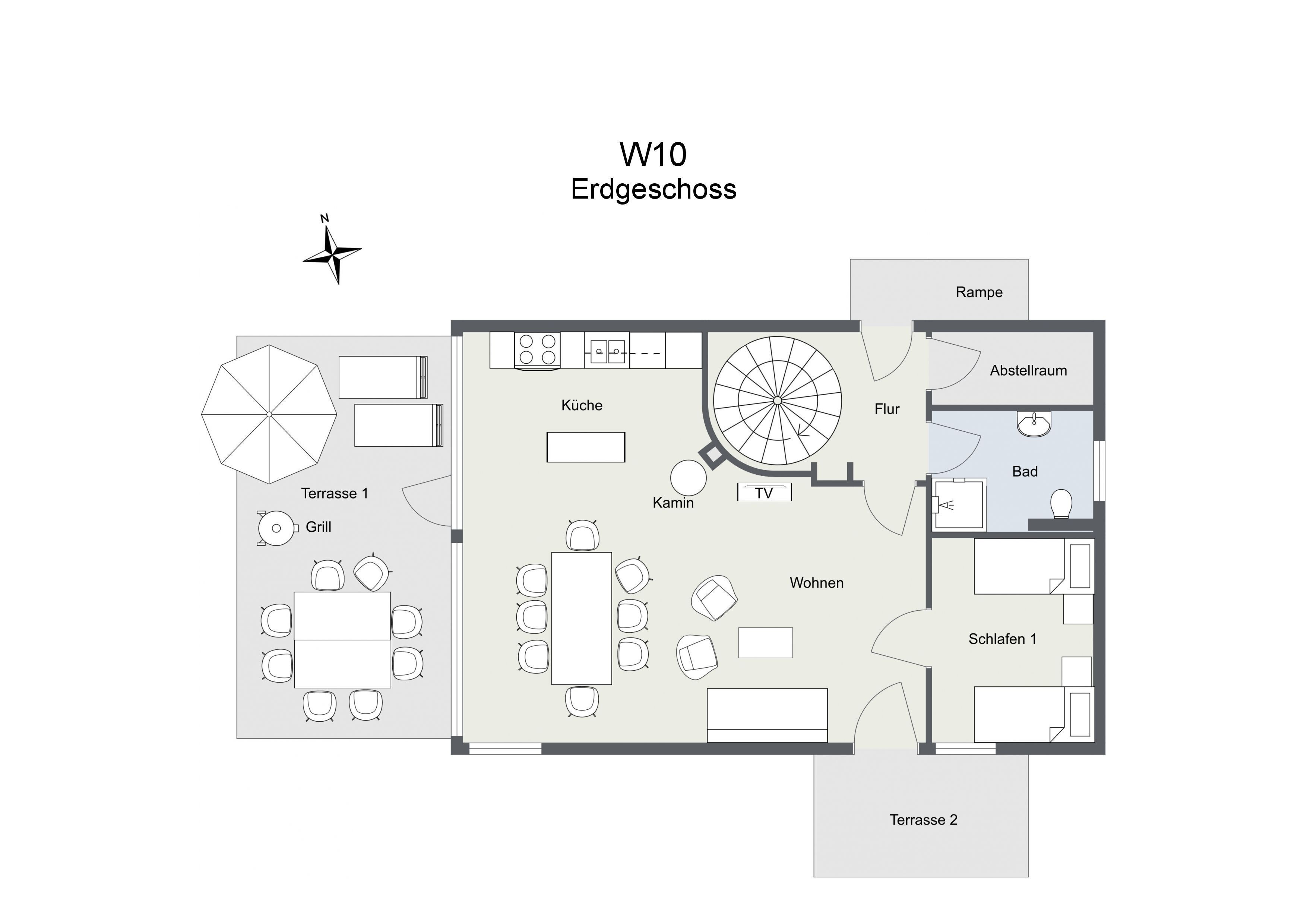 A floor plan of a W10 Erdgeschoss apartment with a kitchen, dining area, living room, bathroom, and two terraces.