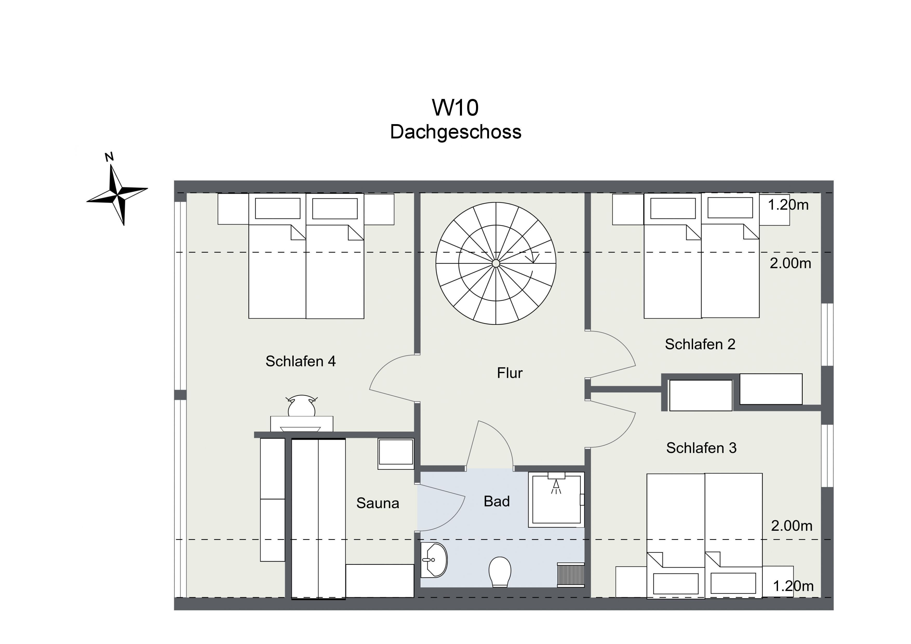 A floor plan of a W10 Dachgeschoß apartment with four bedrooms, a living area, a bathroom, a kitchen, a sauna, and a balcony.