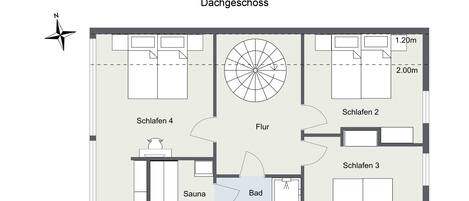 A floor plan of a W10 Dachgeschoß apartment with four bedrooms, a living area, a bathroom, a kitchen, a sauna, and a balcony.