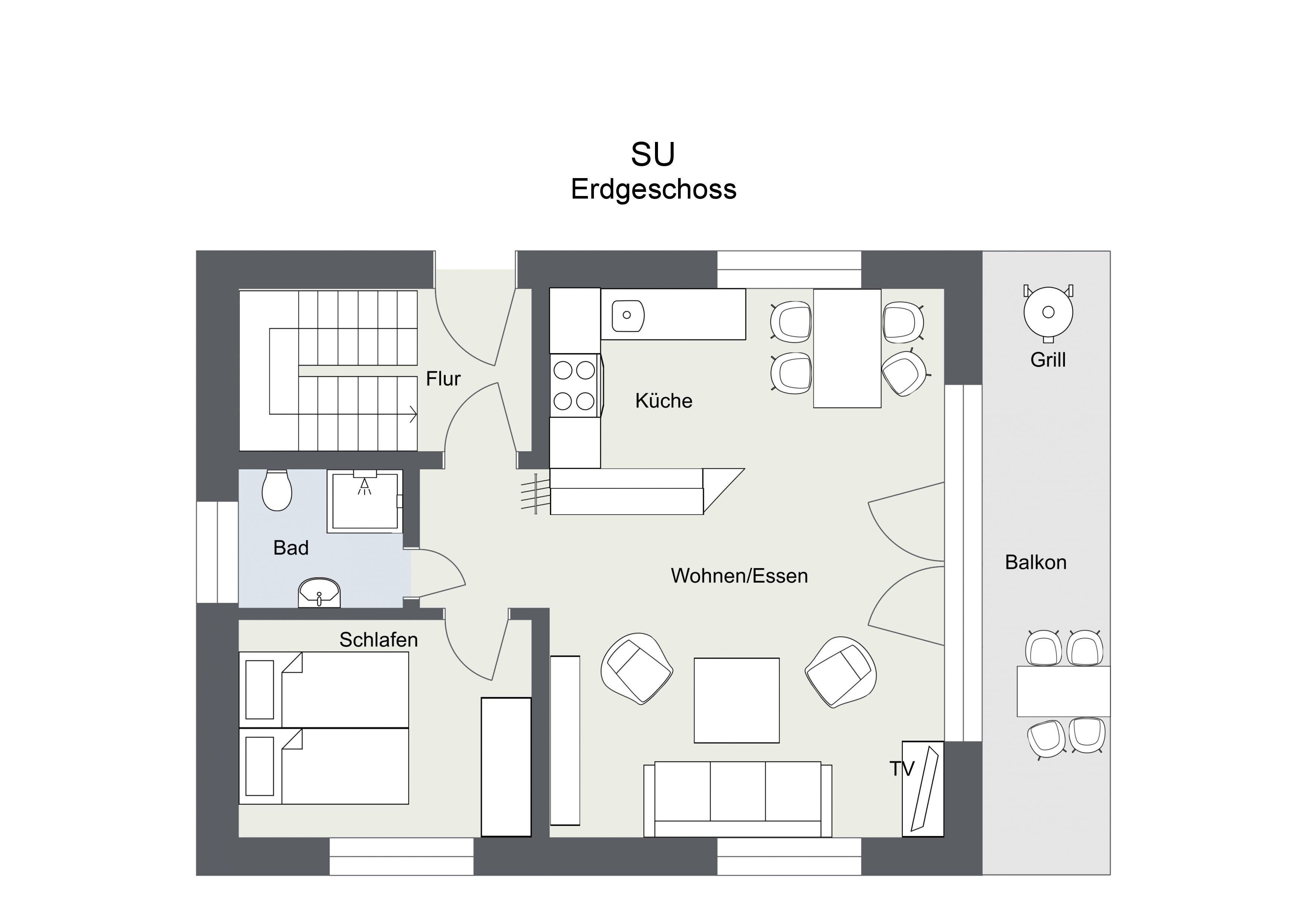 A floor plan of a hotel with labeled rooms including a kitchen, dining area, living room, balcony, and bathroom.