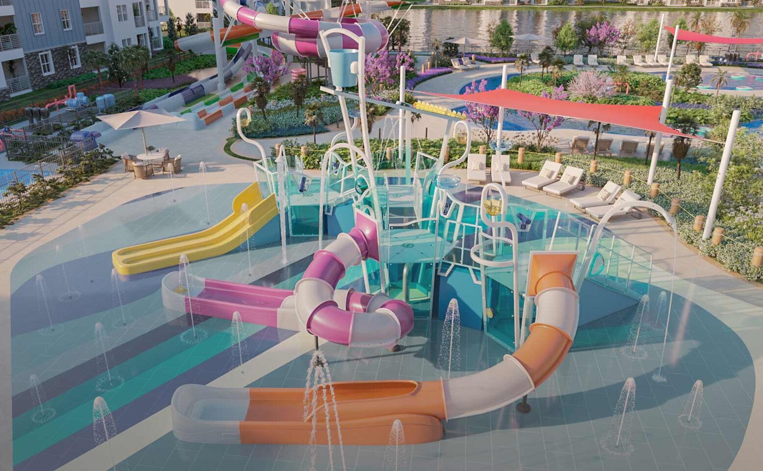 Un parque acuático con múltiples toboganes y piscinas, rodeado de sillones de descanso y un jardín ajardinado.