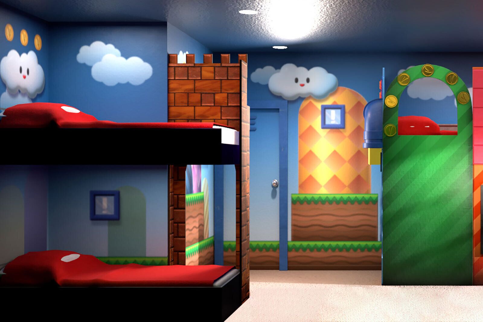 A children's room with bunk beds, a door with a window, and a green wall with a clock.