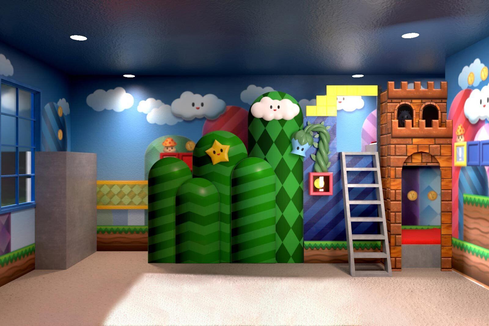 A room with a blue ceiling, a window, a door, a wall with a mountain and clouds design, and a ladder.