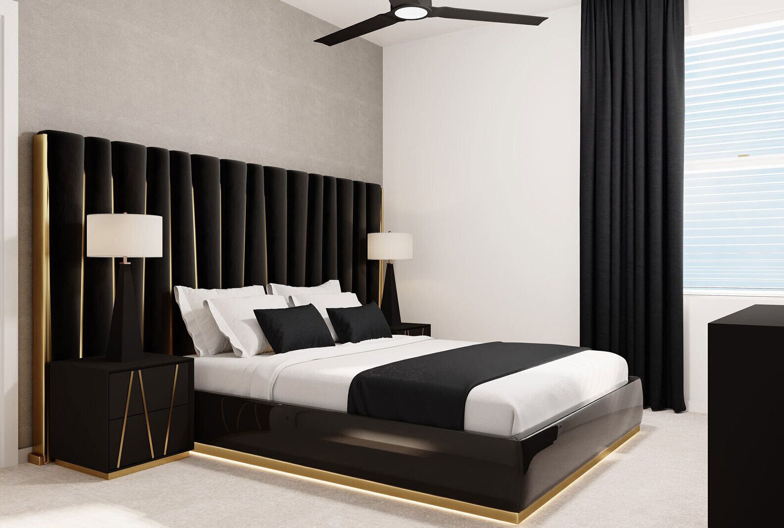 A modern bedroom with a large bed, two bedside tables with lamps, a ceiling fan, and a window with curtains.