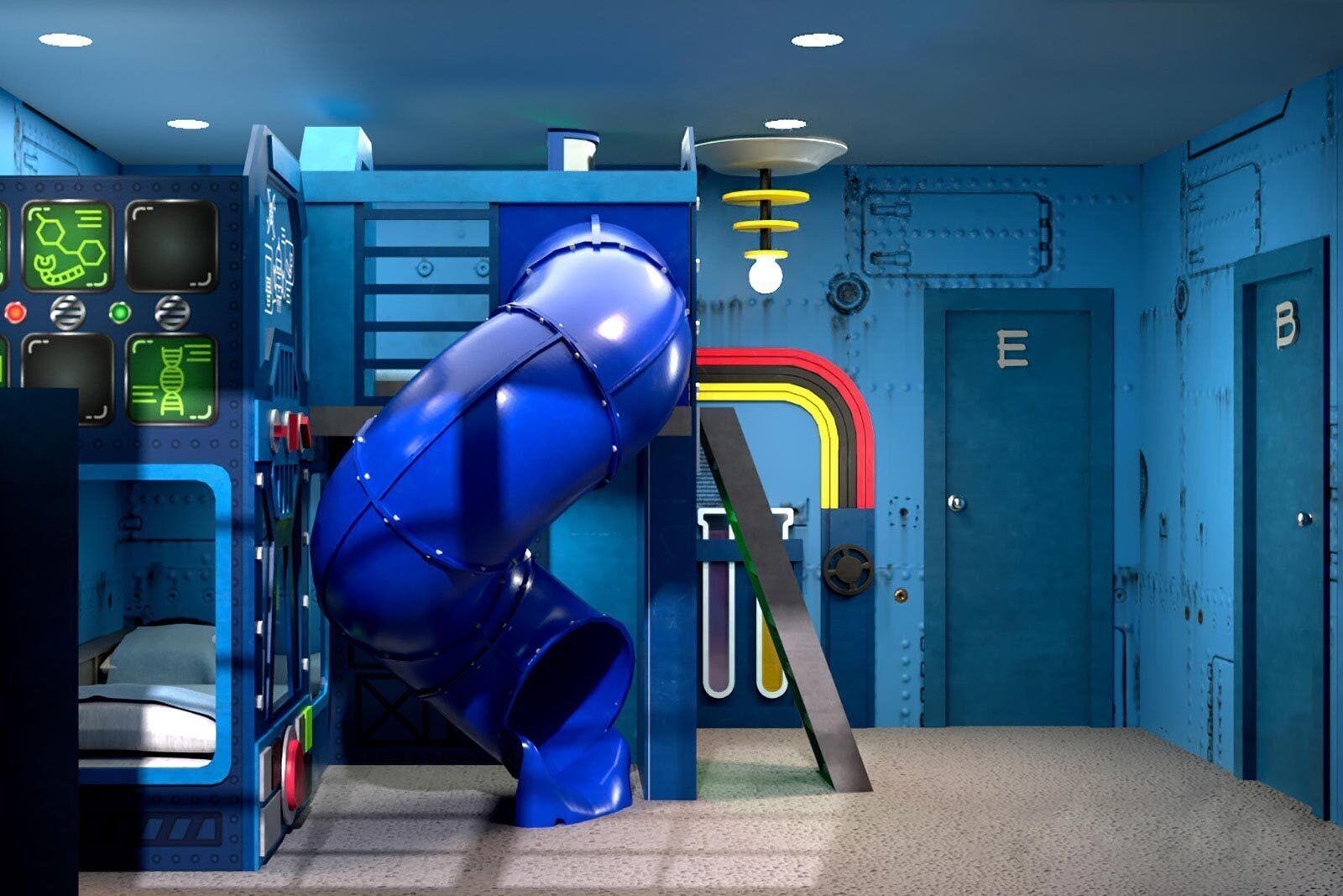Um quarto com um escorrega azul, uma escada e uma porta com a inscrição 'B'.