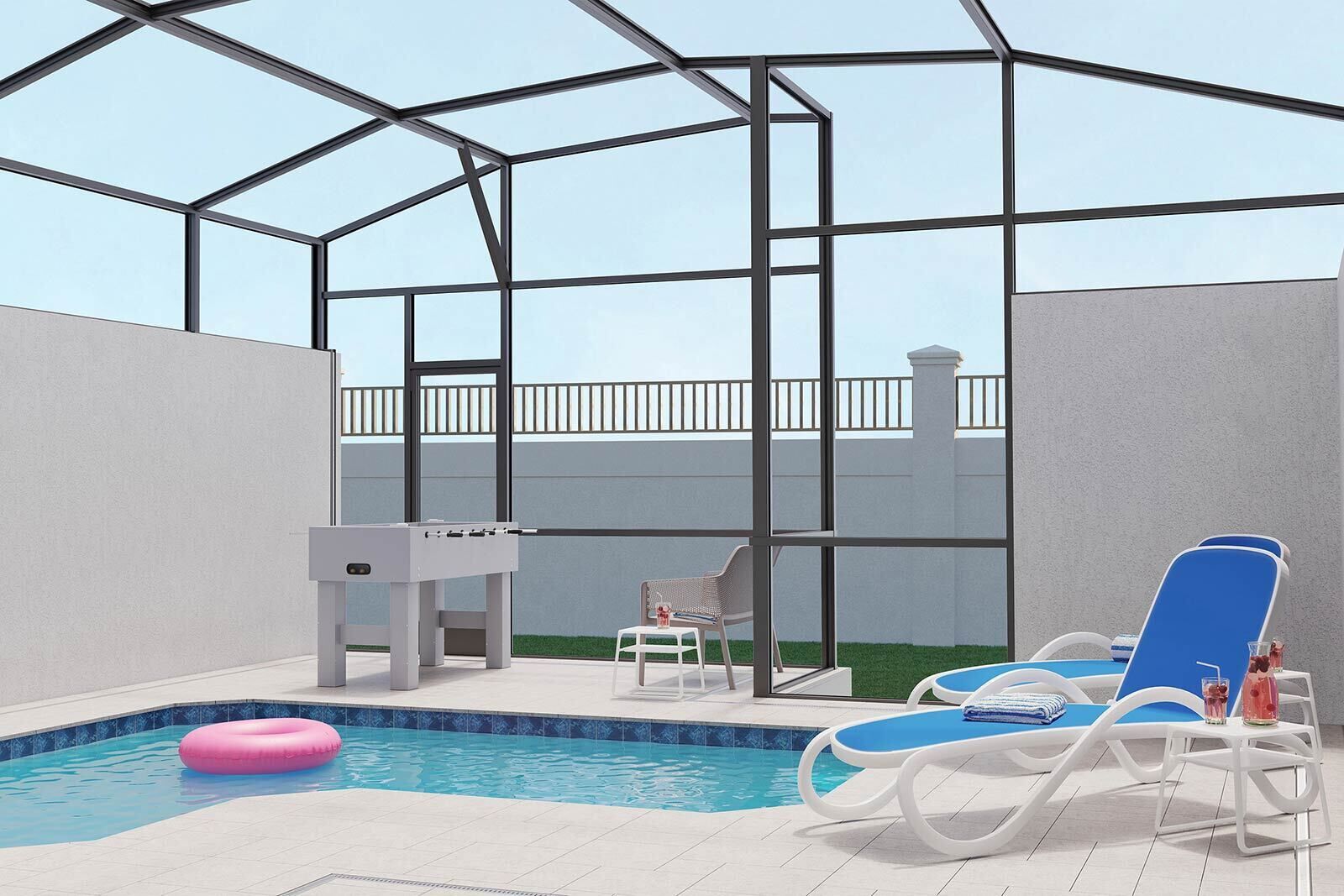 A swimming pool area with a glass enclosure, lounge chairs, a table, and a small table with drinks.
