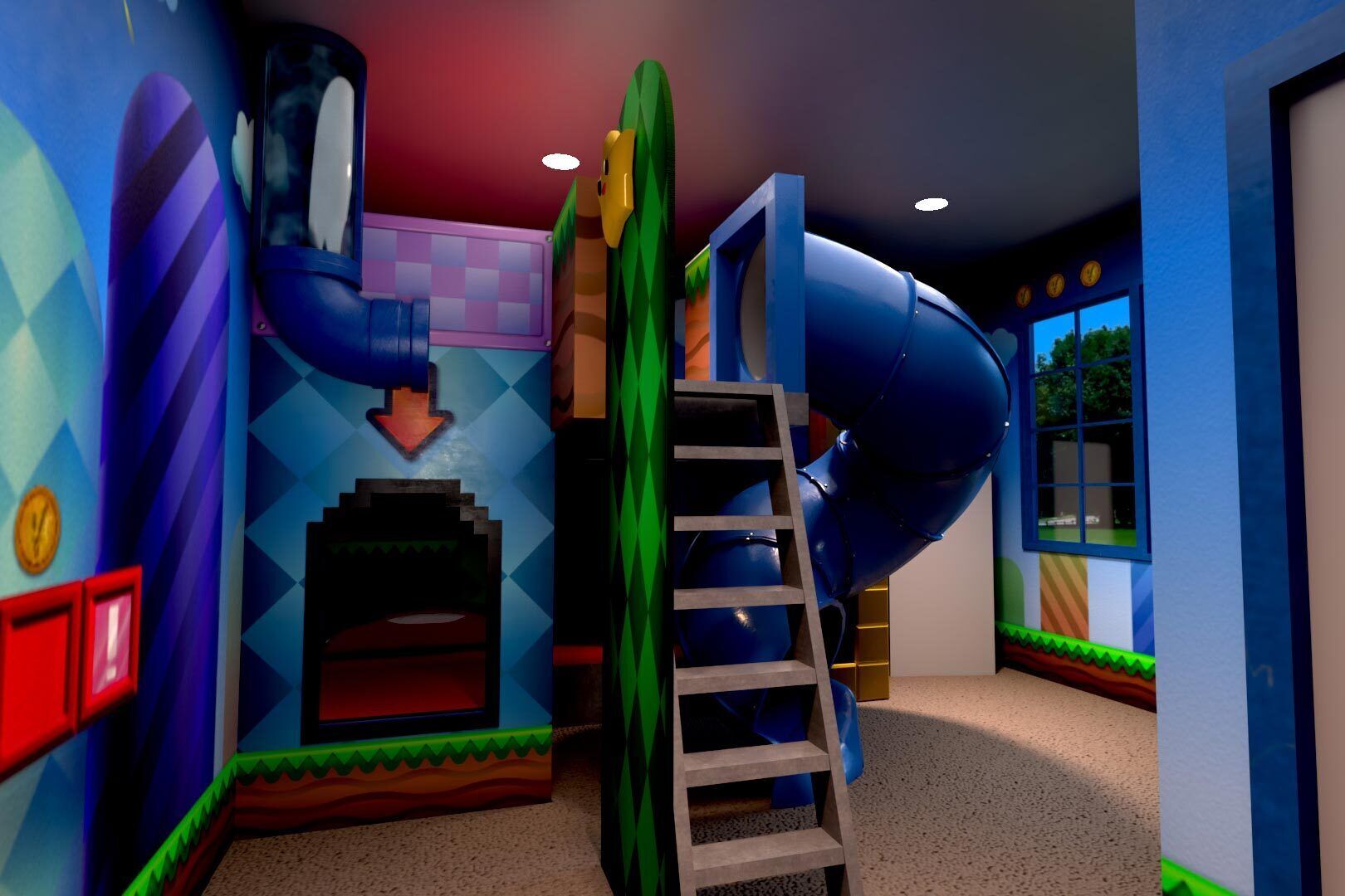A play area with a slide, a climbing wall, and a ladder.