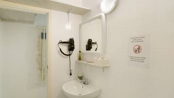 Een badkamer met een wastafel, spiegel en twee haardroger. Er staan bordjes met instructies om geen papier door het toilet te spoelen en de prullenbak te gebruiken.