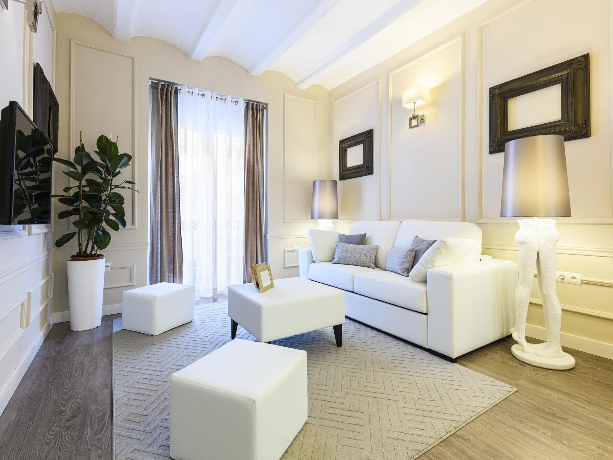 A modern living room with a white sofa, a coffee table, and a potted plant.