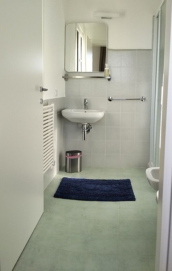 A bathroom with a white sink, a mirror, a towel rack, and a shower area. - Agriturismo Le Crede 1930  (Portogruaro)