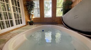 Un bain à remous dans une pièce aux murs en bois, dotée de grandes fenêtres et agrémentée de plantes en pot.