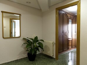 A hallway with a potted plant, a radiator, and a wardrobe with a mirror on the wall. - Spacious apartment in central Valencia with wifi (Valencia)