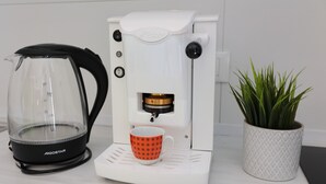 Una cafetera con jarra de vidrio transparente, una taza blanca y una planta en maceta sobre una superficie blanca.