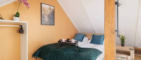 1 bedroom, desk, iron/ironing board, travel cot