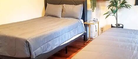 A bedroom with two beds, a bedside table, a lamp, and a potted plant.