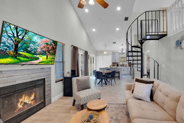 Smart TV, fireplace, table football