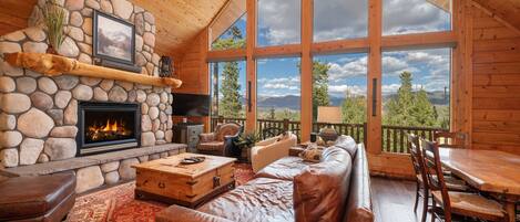 Fernseher, Kamin, Bücher, Stereoanlage