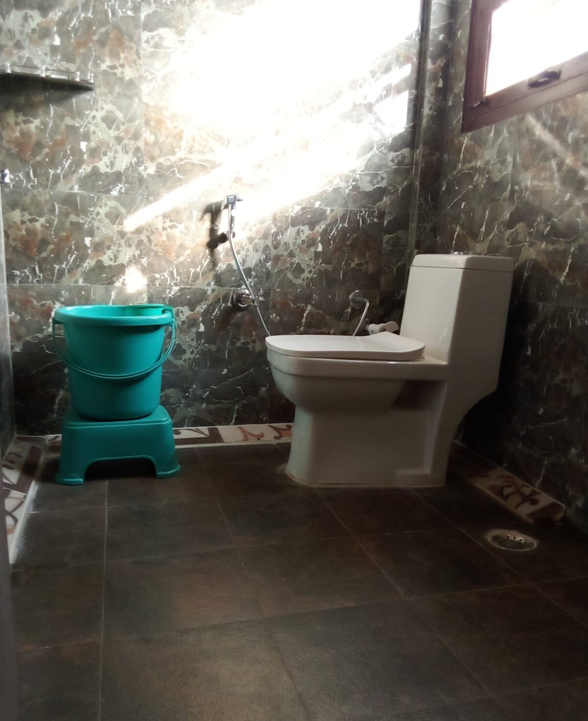 A bathroom with a toilet, a bucket, and a shower.