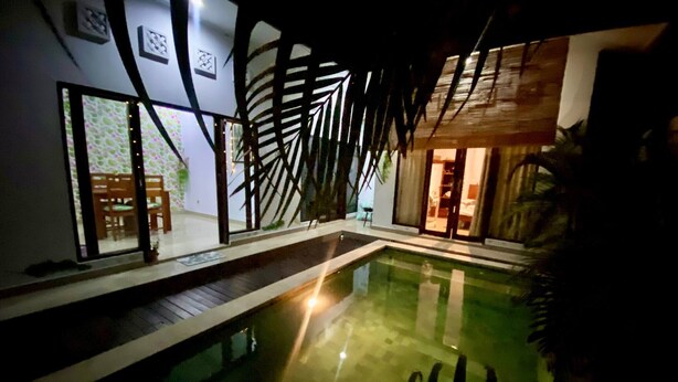 Una piscina con cubierta de madera, una puerta de vidrio que da a una habitación y una planta grande al fondo.