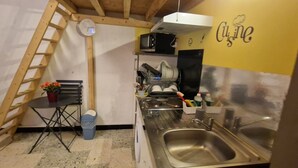 Een kleine keuken met een roestvrijstalen spoelbak, een magnetron en een eethoekje met een stoel en een potplant.