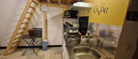 A compact kitchen with a stainless steel sink, a microwave, and a small dining area with a chair and a potted plant.