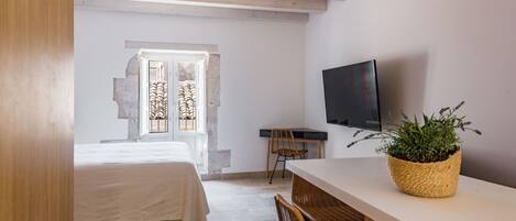 Una habitación con una cama, un escritorio, una silla, un televisor y una planta.