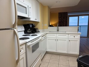 Fridge, microwave, oven, stovetop - RT-0703 Oceanfront 1-Bedroom Condo at Roxanne Towers, Myrtle Beach - Sleeps 6 (Myrtle Beach)